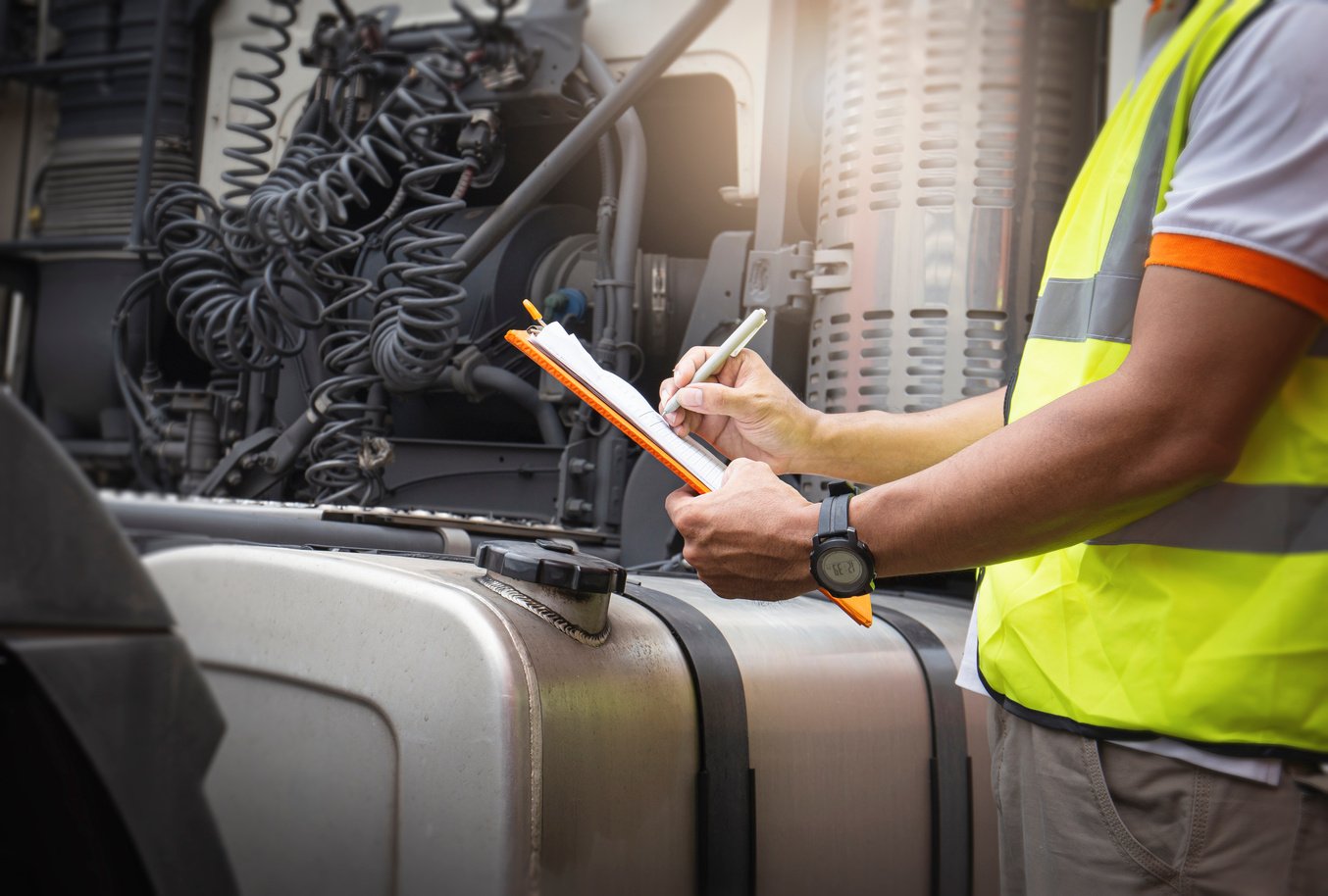 Truck driver inspecting safety fuel tank of semi truck. mechanic inspection diesel fuel tank. vehicle maintenance.